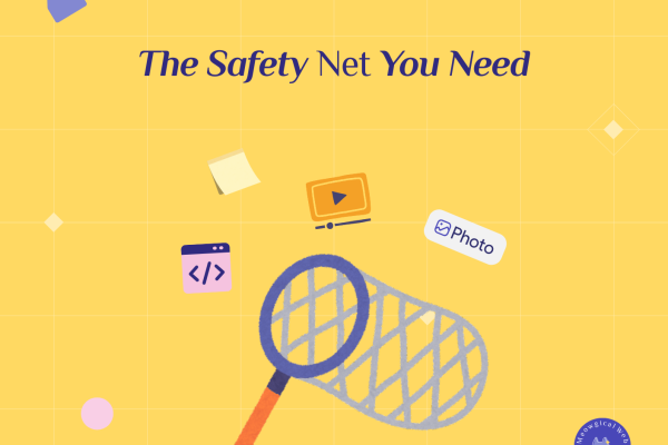 Safety net illustration with website elements like code photos and data representing backup protection for pet business websites