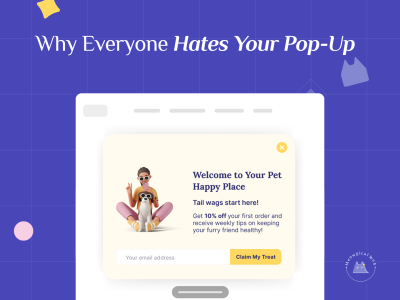Pet business website showing intrusive popup blocking content with newsletter signup and discount offer bad user experience
