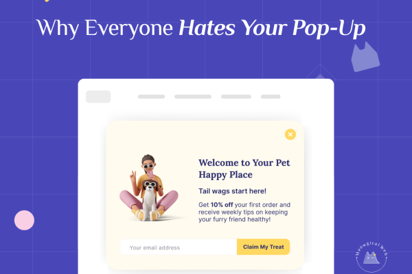 Pet business website showing intrusive popup blocking content with newsletter signup and discount offer bad user experience
