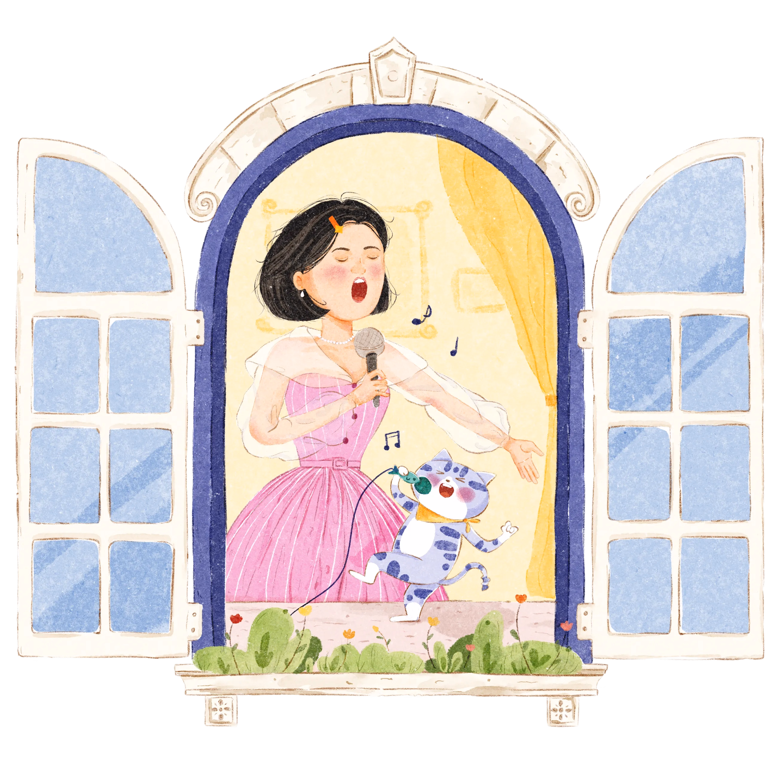 A woman with animals in a hand-drawn window illustration