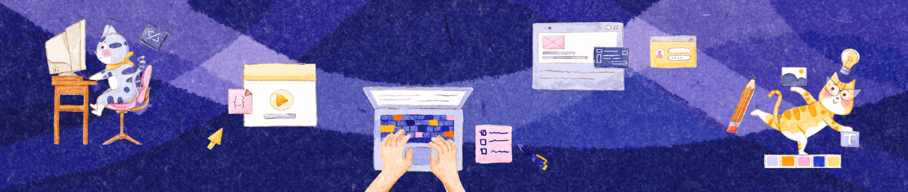 Illustrated cats at work beside a laptop, browser windows and design tools