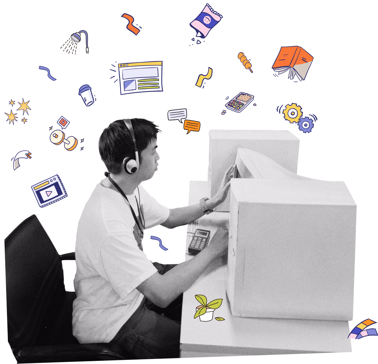 Giang Nguyen at a desk of retro computers, surrounded by hand-drawn doodles