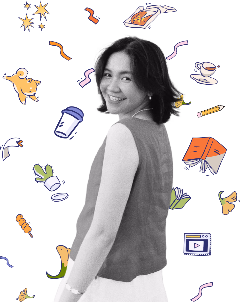 Han Doan smiling over her shoulder, framed by hand-drawn doodles