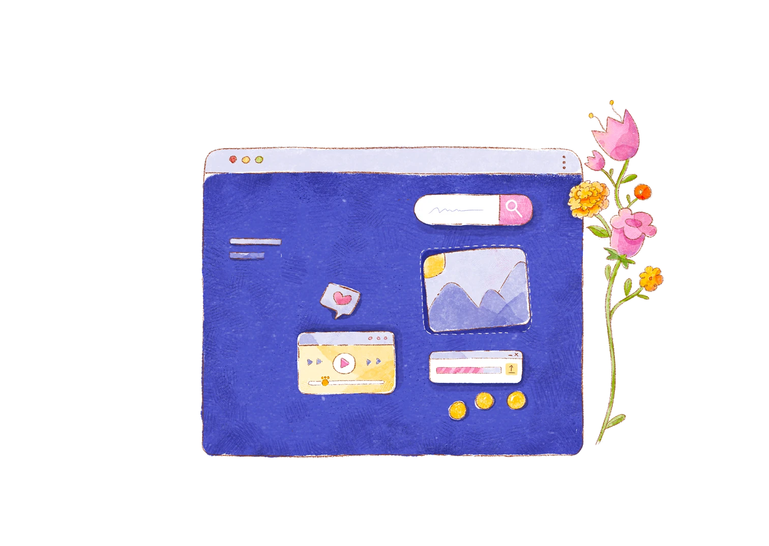 Hand-drawn Meowgical Web scene with cats, flowers, and web design tools